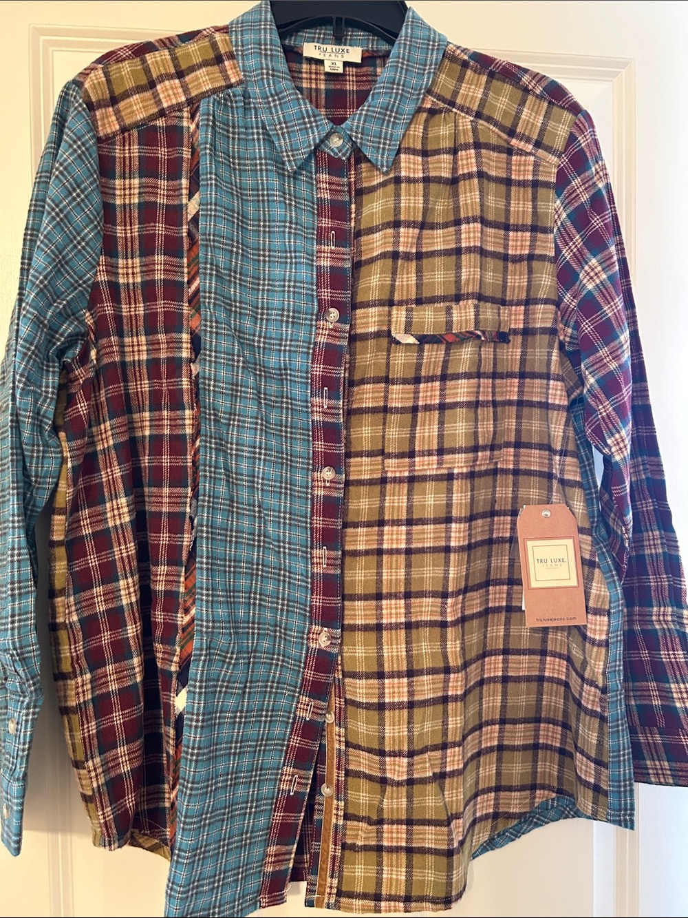 Tru Luxe Jeans Multi-Panel Plaid Button-Down in Blue, Burgundy & Tan